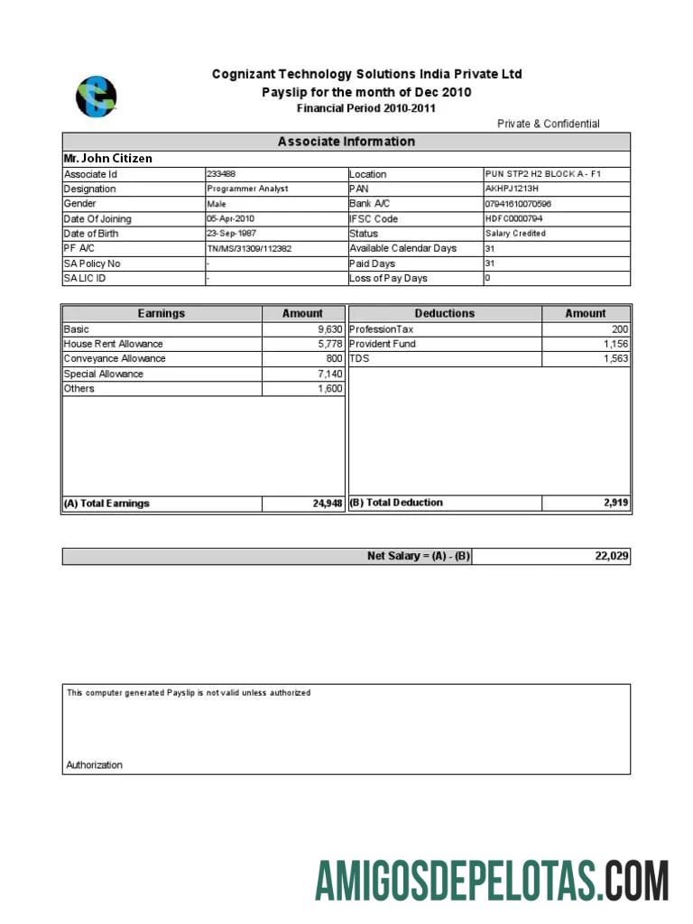 INDIA COGNIZANT Technology Solutions India Private Ltd Recibo de pagamento em formatos Word e PDF amostra